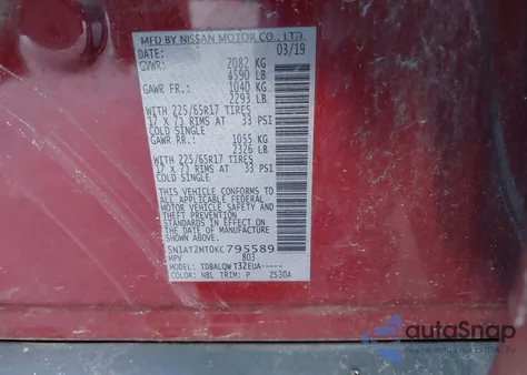 2019 Nissan Rogue Sv z USA, uszkodzony, nr VIN 5N1AT2MT0KC795589